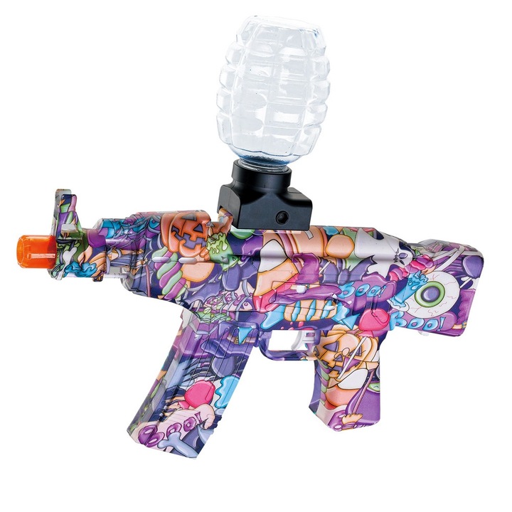 Mitraliera de Jucarie Electrica, OPTIM SOLUTION, Tip AK47, cu Bile de Gel din Hidrogen, Functie de Tragere in Rafala, pentru Copiii peste 6 ani, Include 5000 de Bile, Blaster, Ochelari de Protectie, Cablu de Incarcare, Functie Dubla, 28 x 31 cm, Mov