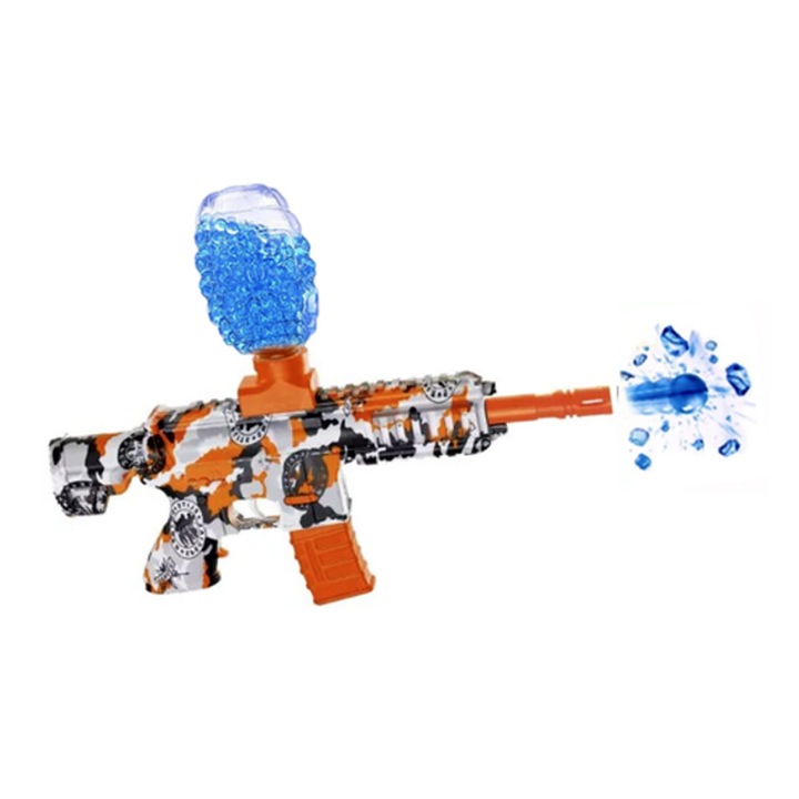 Mitraliera de Jucarie Electrica, OPTIM SOLUTION, Tip M416, cu Bile de Gel din Hidrogen, Functie de Tragere in Rafala, pentru Copiii peste 6 ani, Include 5000 de Bile, Blaster, Ochelari de Protectie, Cablu de Incarcare, 27 x 37 cm, Orange