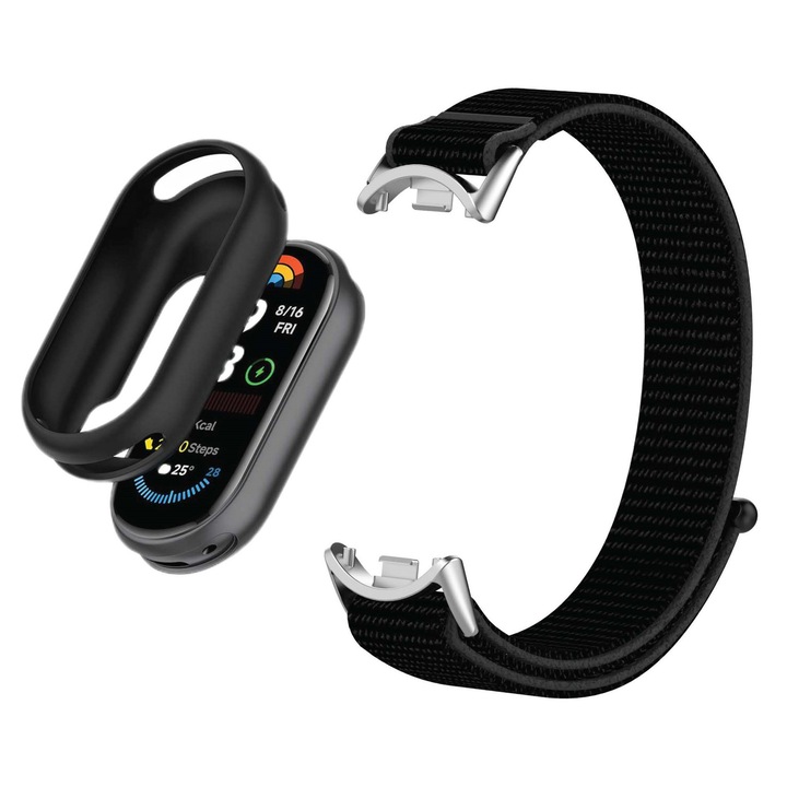 Nejlon szíj és szilikon védőtok Xiaomi Smart Band 8/9-hez, fekete