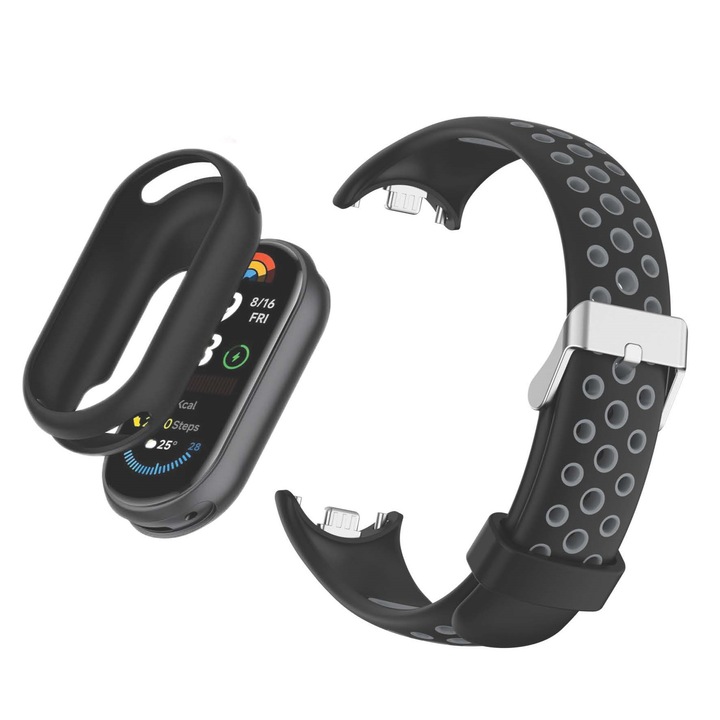 Set husa de protectie si curea din silicon pentru Xiaomi Smart Band 8/9/10, Negru si gri, dimensiune ajustabila