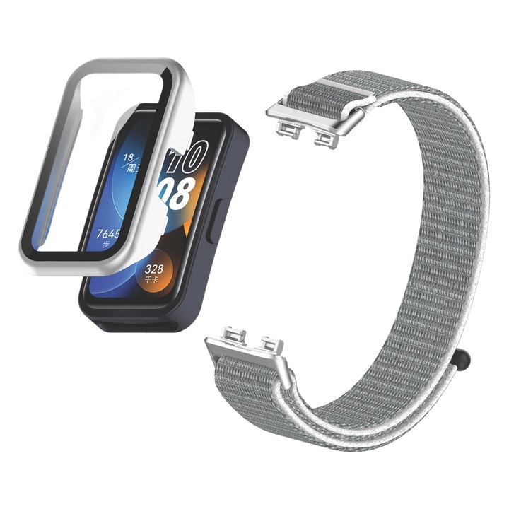 Комплект от първокласна найлонова каишка и защитен калъф от закалено стъкло за Huawei Band 8/9/10, сребристо-сив