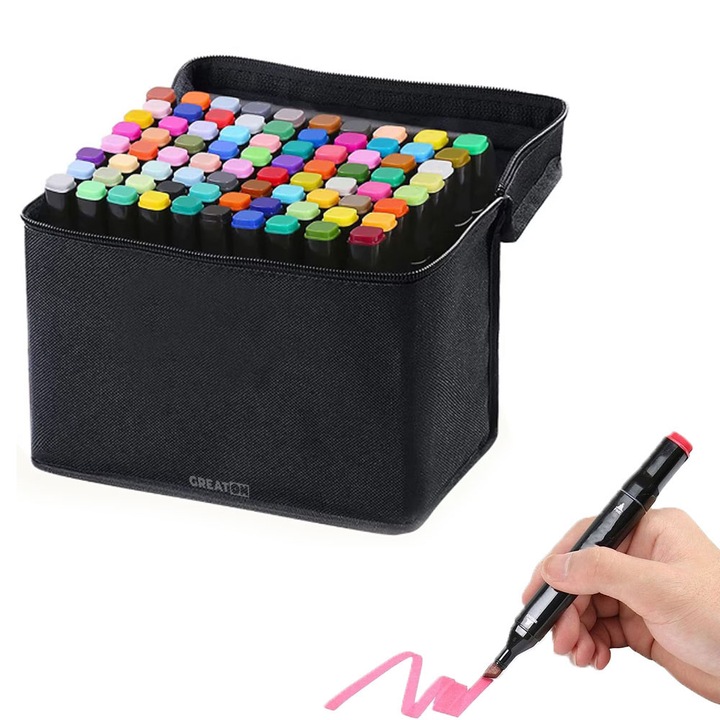 Set 80 Markere Duble GREATON, Carioci Cu Cerneala Pe Baza De Alcool, Geanta Depozitare Inclusa, Negru