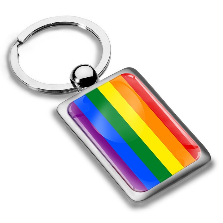 Breloc metalic cu cutie cadou, Biomar Labs, steag LGBT, unisex, 3D, argintiu, KK 253