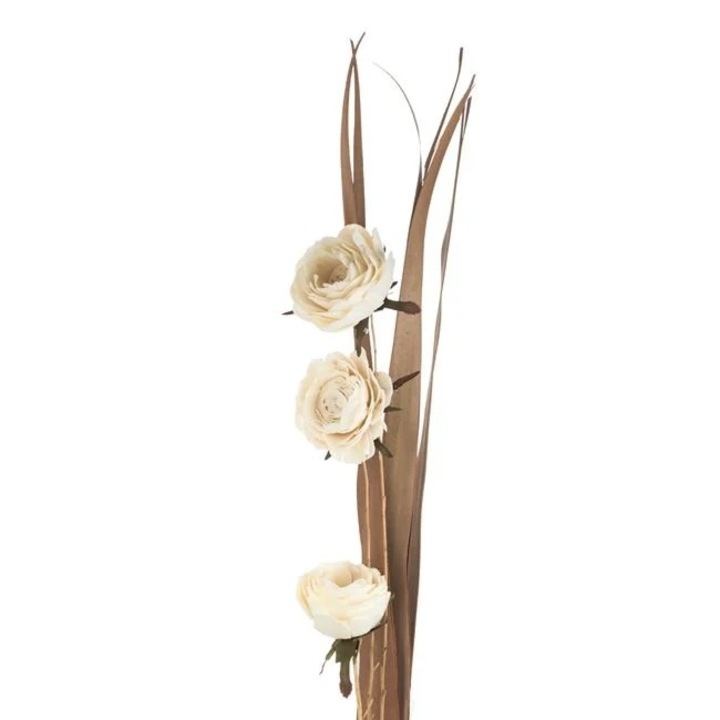 Декоративен букет от сухи цветя, с бели рози и кремави листа, 100 см, бял/кремав