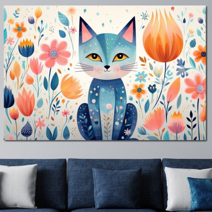 Премиум картина върху платно, LuxCanva® K1012, Мяу сред венчелистчетата, 80 X 120 см, 100% памучно платно 400 г/м2, дървена рамка, мустаци, уши, котка, усмивка, слънце, магия, градина, пастел, декор, фон, флорални мотиви, котешки мотиви, детска стая