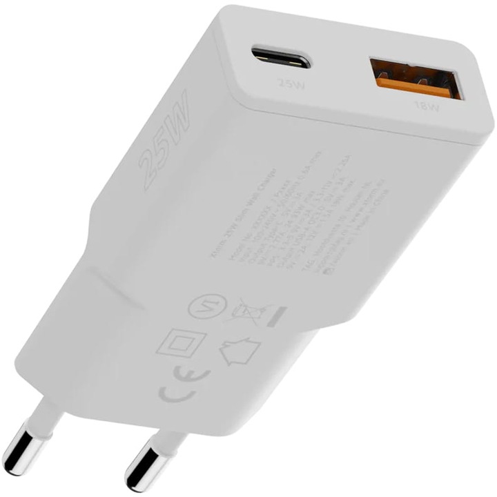 Hálózati töltő Xtorm Slime Line Go2 25W, USB-C PD, USB-A QC, fehér