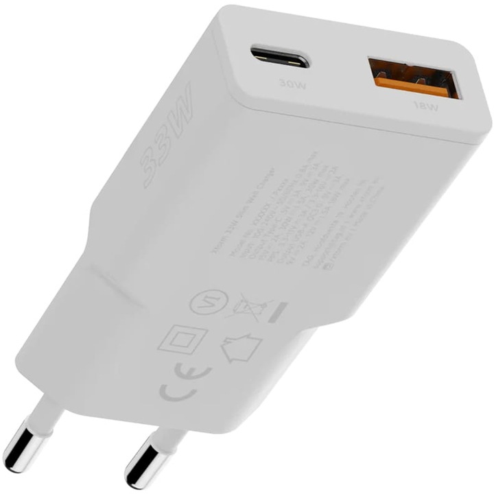 Hálózati töltő Xtorm Slime Line Go2 33W, USB-C PD, USB-A QC, fehér
