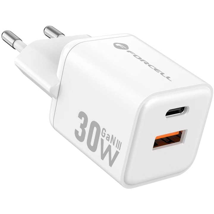 Hálózati töltő Forcell F-Energy Mini VT-35 30W, USB-C PD, USB-A QC 4.0, GaN, fehér