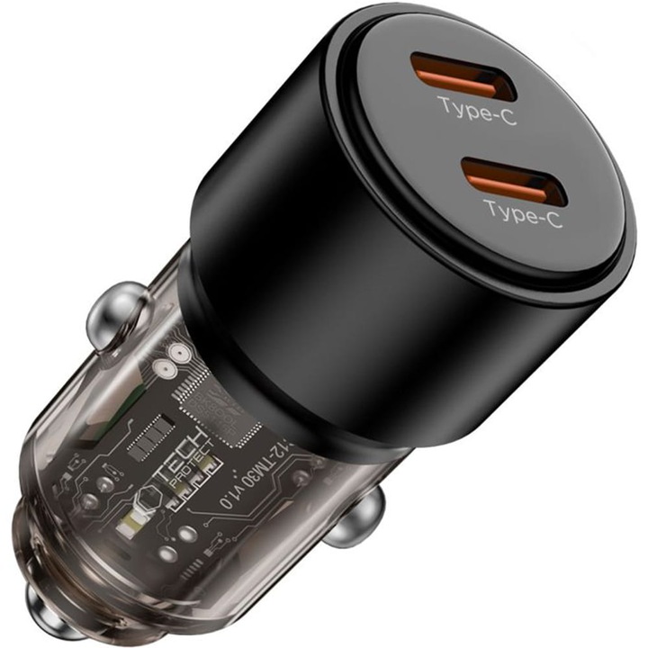 Autós töltő Tech-Protect CC03, PD 100W, 2x USB-C, fekete