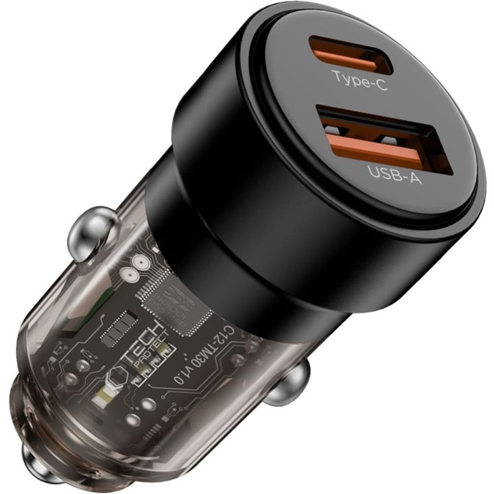 Autós töltő Tech-Protect CC03, PD 75W, 1x USB-A / 1x USB-C, fekete