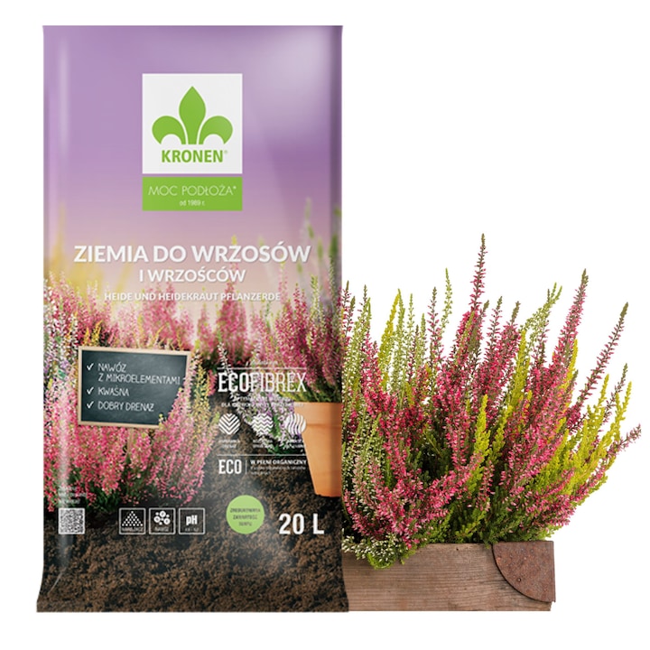 Pamant pentru erici, Kronen, 20l, Ph 4.8-5.2, Fertilizator cu oligoelemente, Bun drenaj, Pentru plante iubitoare de acid, Nutritie eficienta a plantelor, Promoveaza cresterea rapida