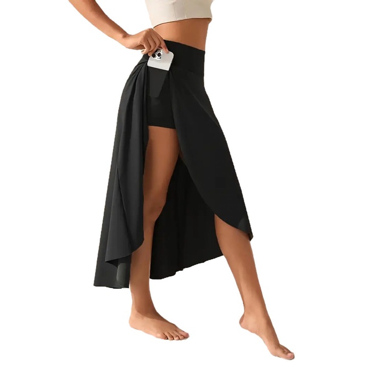 Fusta sport cu talie inalta, buzunar lateral, lungime peste genunchi, Negru