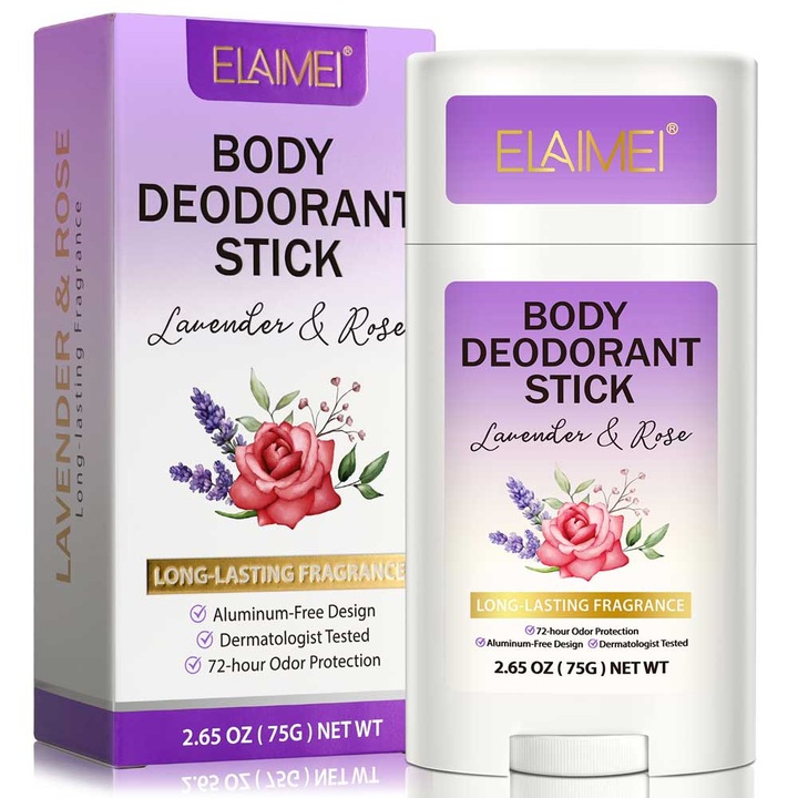 Deodorant Stick fara aluminiu cu Lavanda si Trandafir, 72h Protectie, Unisex, Elaimei, 75 g