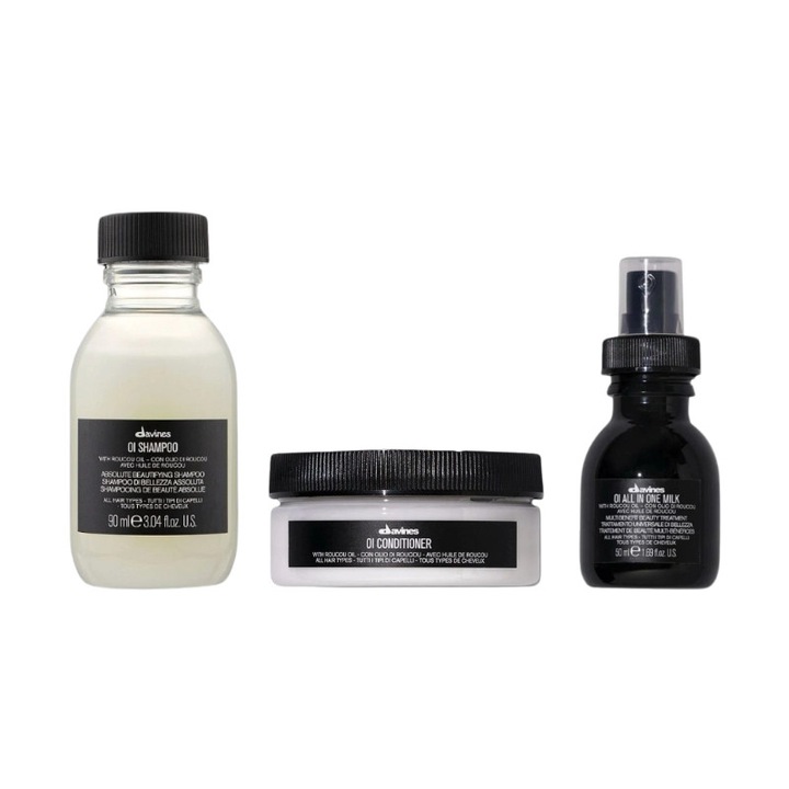 Set Davines Travel Size pentru hidratare si stralucire OI - Sampon 90ml, Balsam 75ml, Spray 50ml
