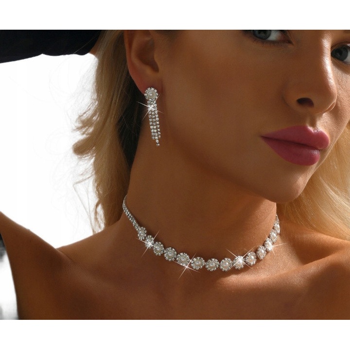 Női ékszer szett, Dabola, B2, Fülbevaló, Nyaklánc, Cirkon, Elegáns, Esküvői, Ezüst, Ezüst