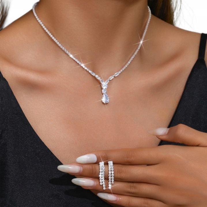 Női ékszer szett, Dabola, B6, Fülbevaló, Nyaklánc, Cirkon, Elegáns, Esküvői, Ezüst, Ezüst