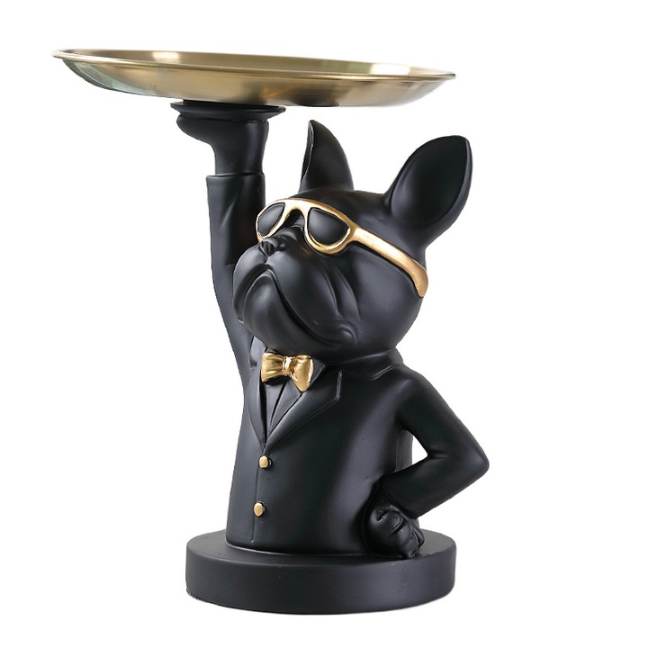 Suport decorativ, Haiaveng, Bulldog, Rasina/Inox, Negru/Auriu
