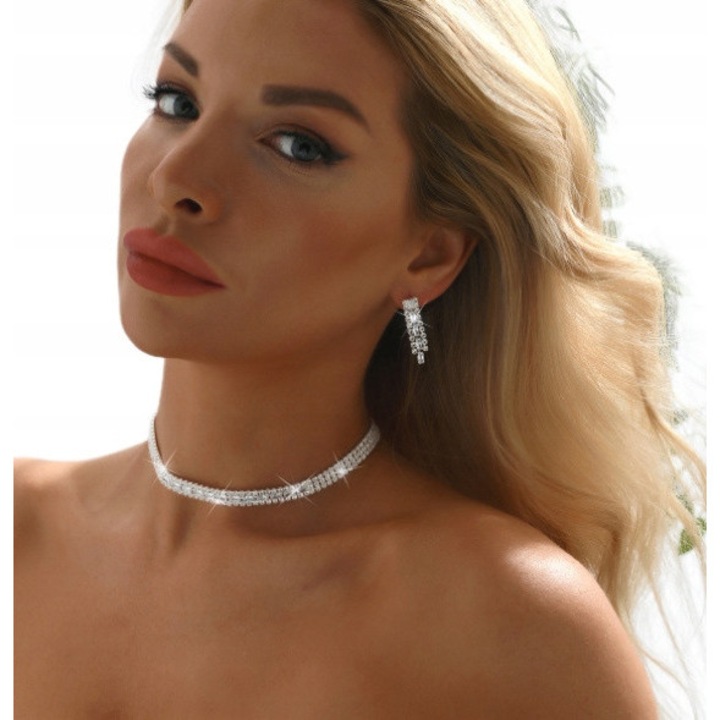 Női ékszer szett, Dabola, B3, Fülbevaló, Nyaklánc, Cirkon, Elegáns, Esküvői, Ezüst, Ezüst
