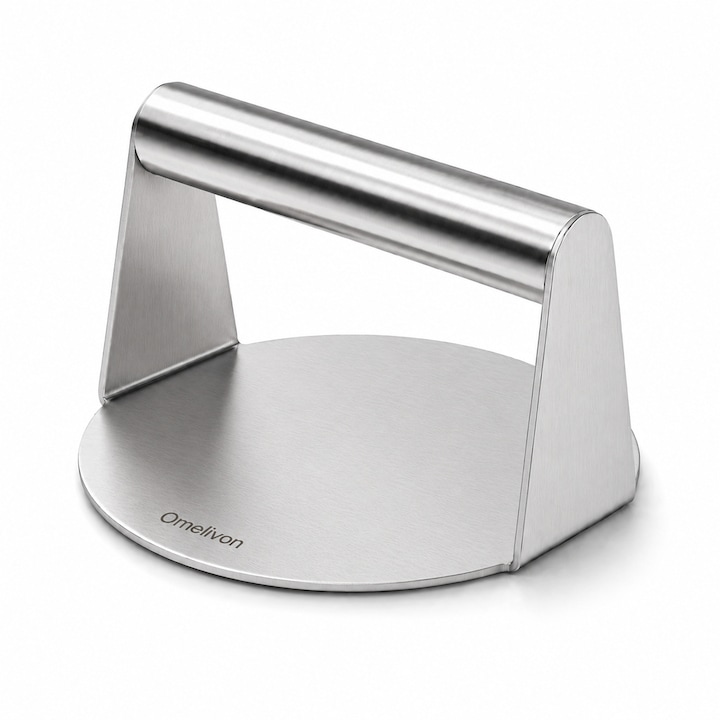 Presa Hamburger, Omelivon® BS-P1, presa burger, din Otel Inoxidabil 304, pentru gratar si gatit, Rezistent la pete, Usor de curatat, 14 cm, Argintiu