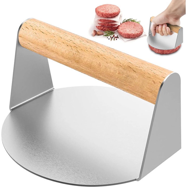 Hamburgerprés, Omelivon® BS-P2, 304-es rozsdamentes acélból, hőálló fa fogantyúkkal, grillezéshez és főzéshez, foltálló, könnyen tisztítható, 14 cm, natúr bézs