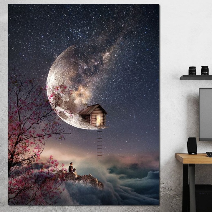 Премиум картина върху платно, LuxCanva® K1016, Къща на луната, 90 X 120 см, 100% памучно платно 400 г/м2, дървена рамка, звезди, нощ, звездно, стълби, небе, звезди, сънища, нощно време, пейзаж, история, космос, магия, земя, спокойствие, детска стая