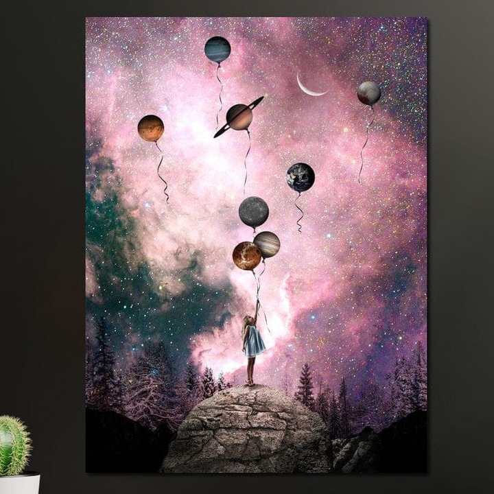 Tablou Canvas Premium, LuxCanva® K1017, Fetita si Planetele, 45 X 60 CM, Panza Bumbac 100% 400g/m2, Sasiu Lemn, Univers, Maini, Intinse, Planete, Cosmic, Stele, Ganduri, Dorinte, Emotie, Curaj, Sistem, Solar, Galaxii, Pastel, Camera Copii