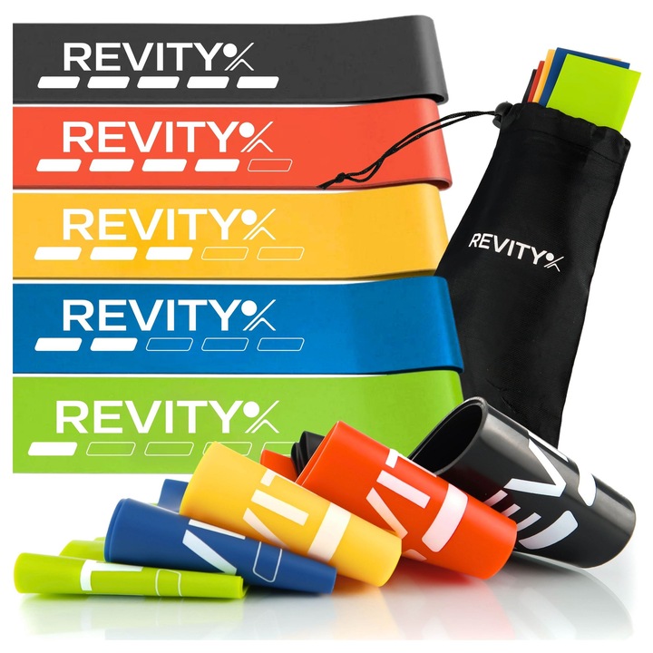 Комплект от 5 ластици Revity, латекс, съпротивление 5-25 кг, 5x60 см, многоцветни