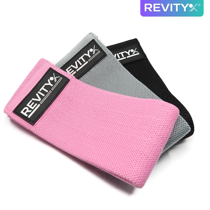 Ластична лента Revity Hip Flex, комплект от 3 броя, съпротивление 8-32 кг, многоцветна, 8x77 см