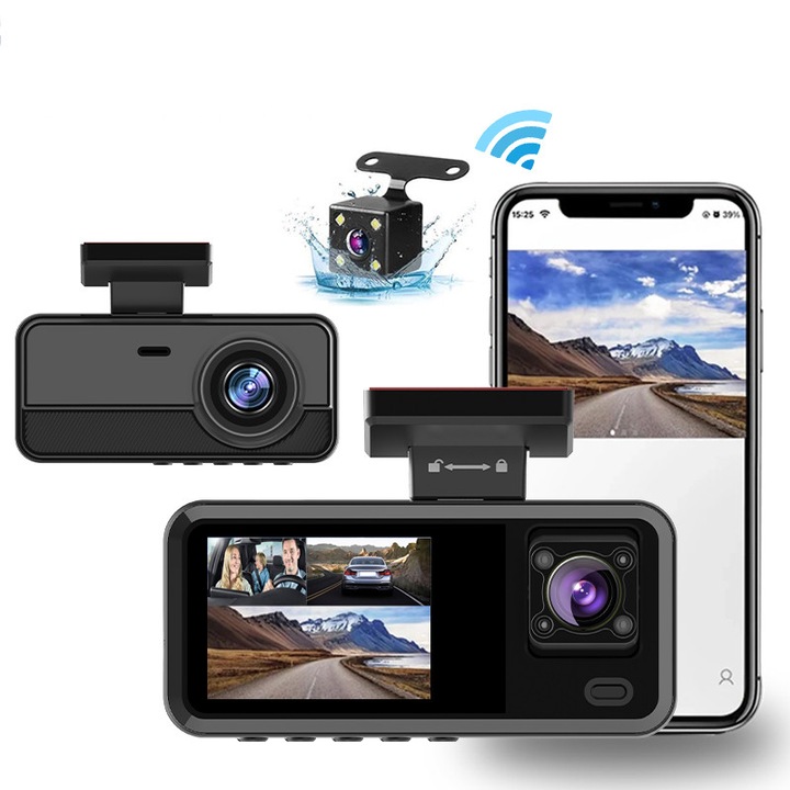 Camera Auto Dvr Camaterlot Cu 3 Canale, Full Hd 1080p, Wifi, Vedere Fata 170° + Interior/Spate 110°, Viziune Nocturna Ir, Senzor G, Parcare Monitorizata, Negru