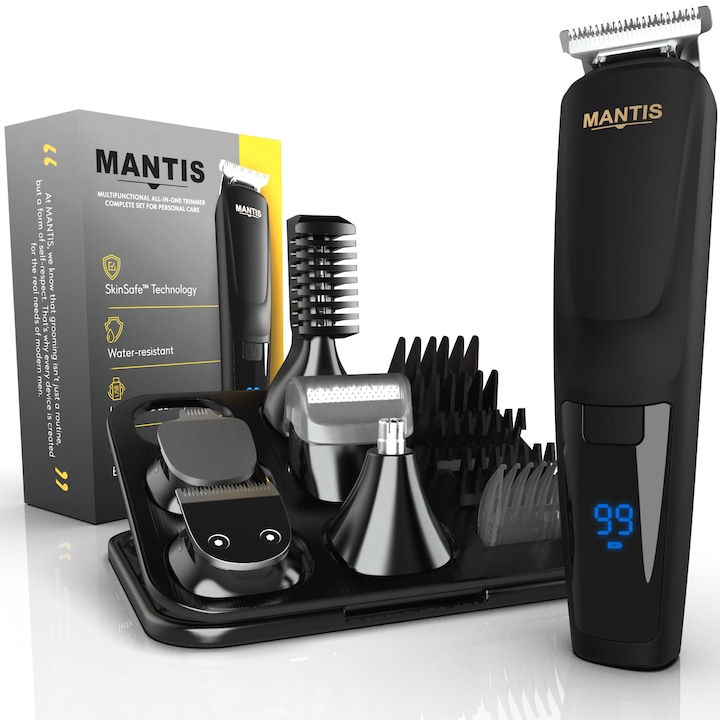 Машинка за подстригване и бръснене MANTIS Omnigroomer – 6-в-1 тример за брада, коса, тяло, нос, уши и интимна зона, самонаточващи се остриета, IPX7 водоустойчив, LCD дисплей, USB зареждане, 90 мин автономия