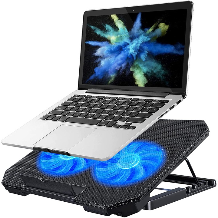 Cooler laptop, Redkid®, Dual USB, 2 Ventilatoare, Inaltime reglabila, Iluminare LED, 12-15.6'', Negru