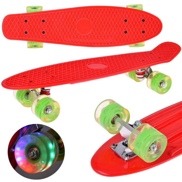Skateboard cu LED si roti luminoase - rosu