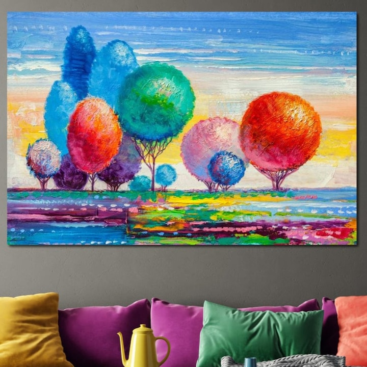 Премиум картина върху платно, LuxCanva® K1018, Приказен пейзаж, 80 X 120 см, 100% памучно платно 400 г/м2, дървена рамка, дъга, гора, дървета, кръг, балон, природа, експлозия, цвят, земя, симфония, въображаемо, игриво, детска стая