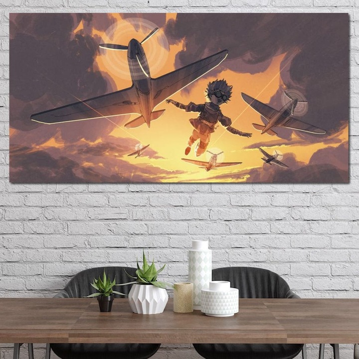 Tablou Canvas Premium, LuxCanva® K1019, Micul Aviator, 70 X 140 CM, Panza Bumbac 100% 400g/m2, Sasiu Lemn, Zbor, Vise, Nori, Cer, Copil, Escadrila, Soare, Stele, Avioane, Aventura, Curaj, Erou, Aerian, Cinematic, Aviatie, Camera Copii