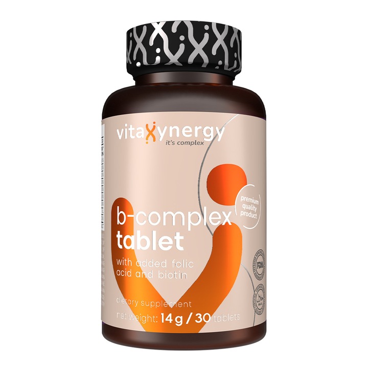 VITAXYNERGY VITAMIN B-COMPLEX 30 tablete - Energie, Vitalitate si Sanatatea Sistemului Nervos, Aprobat de Ministerul Sanatatii, Certificat FDA, GMP, Halal