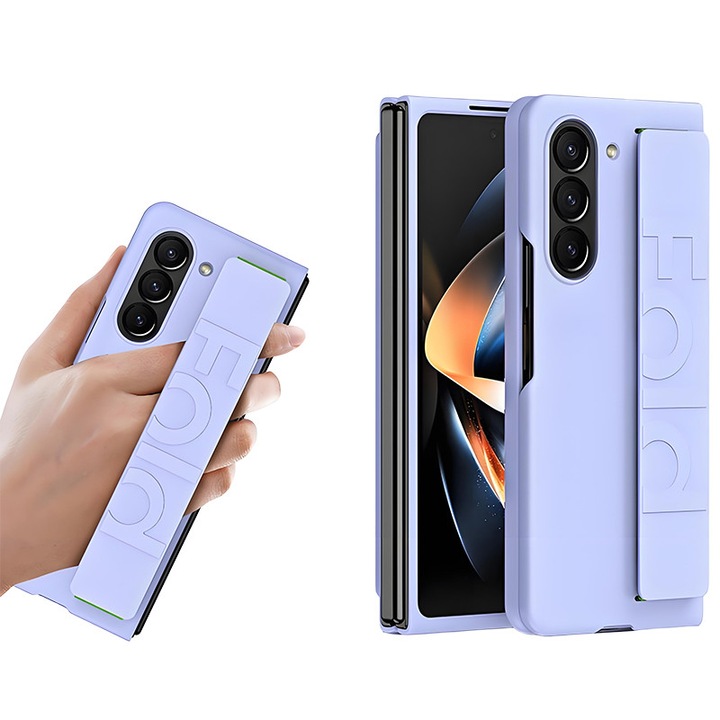 Husa de protectie pentru Samsung Galaxy Z Fold 5 cu curea elastica pentru incheietura mainii, anti-patare si anti-amprenta, Violet