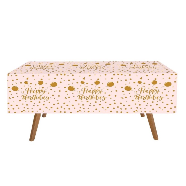 Fata De Masa Plastic 180x120cm Roz Cu Baloane Aurii Si Imprimeu Happy Birthday Pentru Petrecere Aniversare Fete