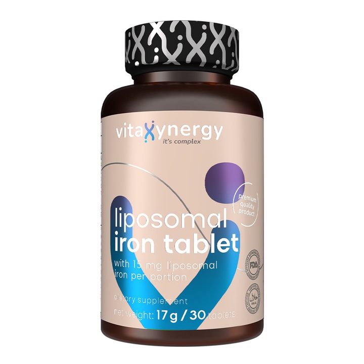 VITAXYNERGY LIPOSOMAL IRON 30 tablete – Absorbtie Superioara, Energie Zilnica si Sustinerea Imunitatii, Aprobat de Ministerul Sanatatii, Certificat FDA, GMP, Halal