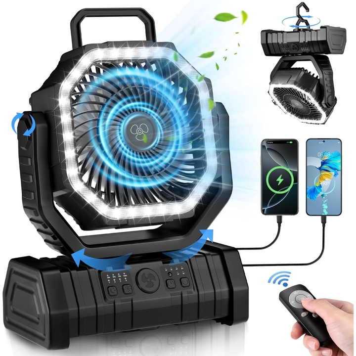 Преносим вентилатор за къмпинг, офис, пътуване, акумулаторна батерия 20000mAh, работа до 58 часа, USB кабел, 4 скорости, дистанционно управление, LED светлина, 360° кука, таймер, безшумен, за вътрешна и външна употреба, вградена външна батерия, черен