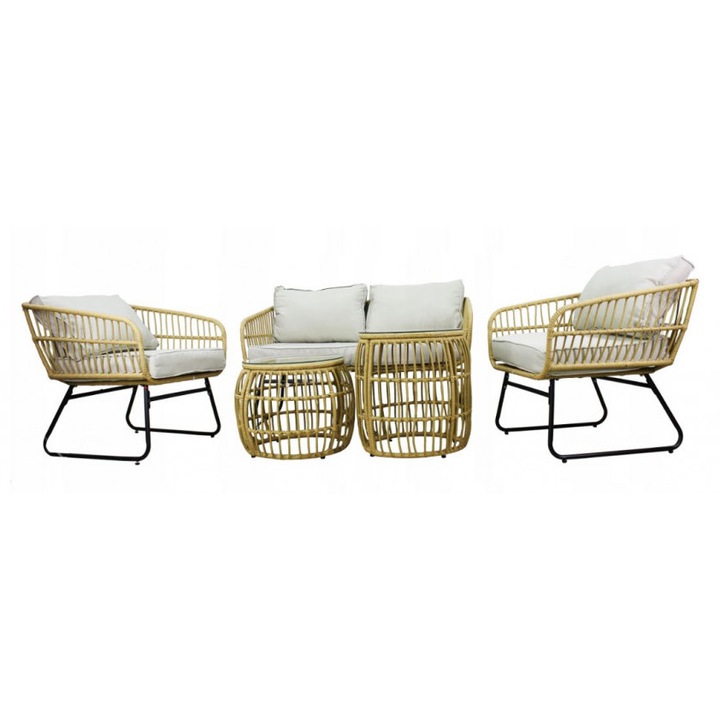 Set de mobilier de gradina cu canapea maro Ramiz, 2 fotolii, masa si perne gri