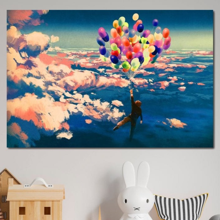 Премиум картина върху платно, LuxCanva® K1021, Носена от дъгата, 80 X 120 см, 100% памучно платно 400 г/м2, дървена рамка, полет, облаци, извисяващи се, цветове, балони, летене, магия, щастие, смелост, приключение, желания, хармония, щастие, детска стая