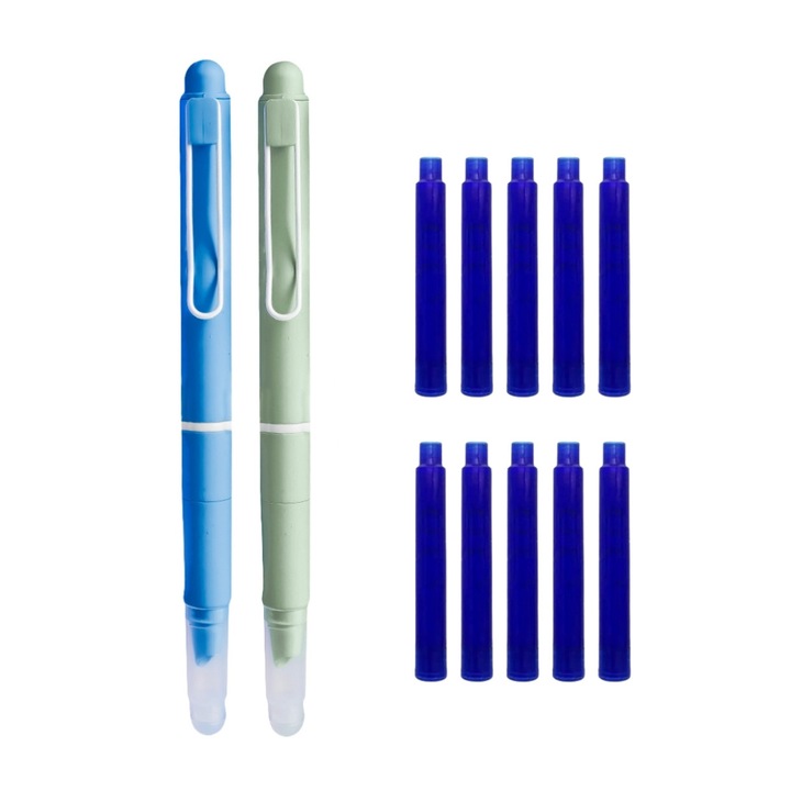 Set stilouri cu cerneala termosensibila si mecanism + Rezerve, Mat touch, Albastru/Verde