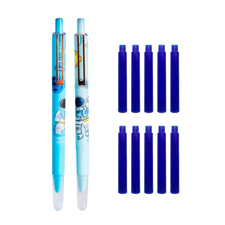 Set stilouri cu cerneala termosensibila si mecanism + Rezerve, Astronaut, Bleu