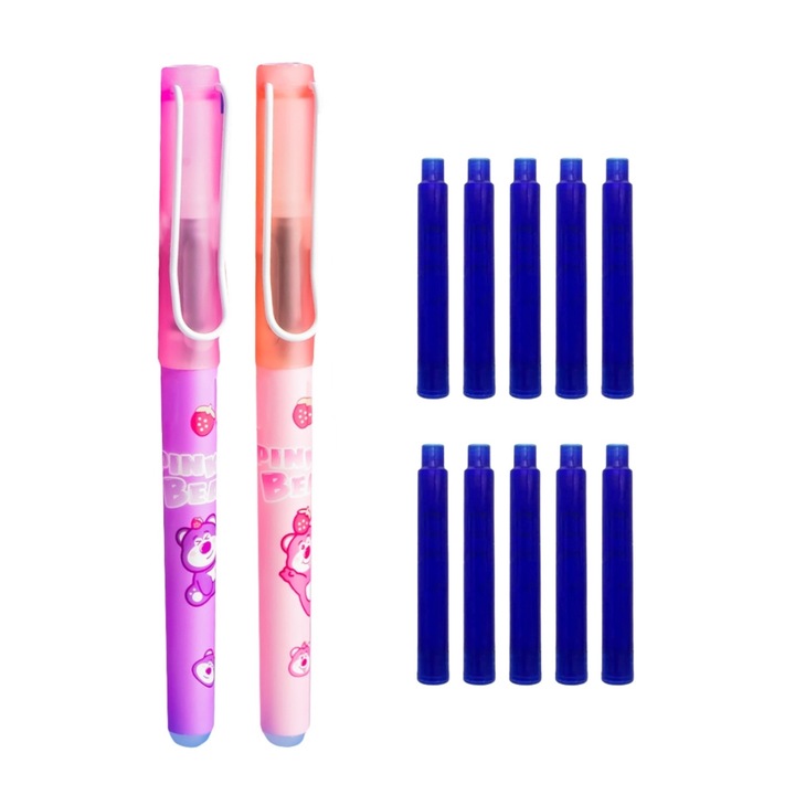 Set stilouri cu cerneala termosensibila + Rezerve, Pink bear, Mov