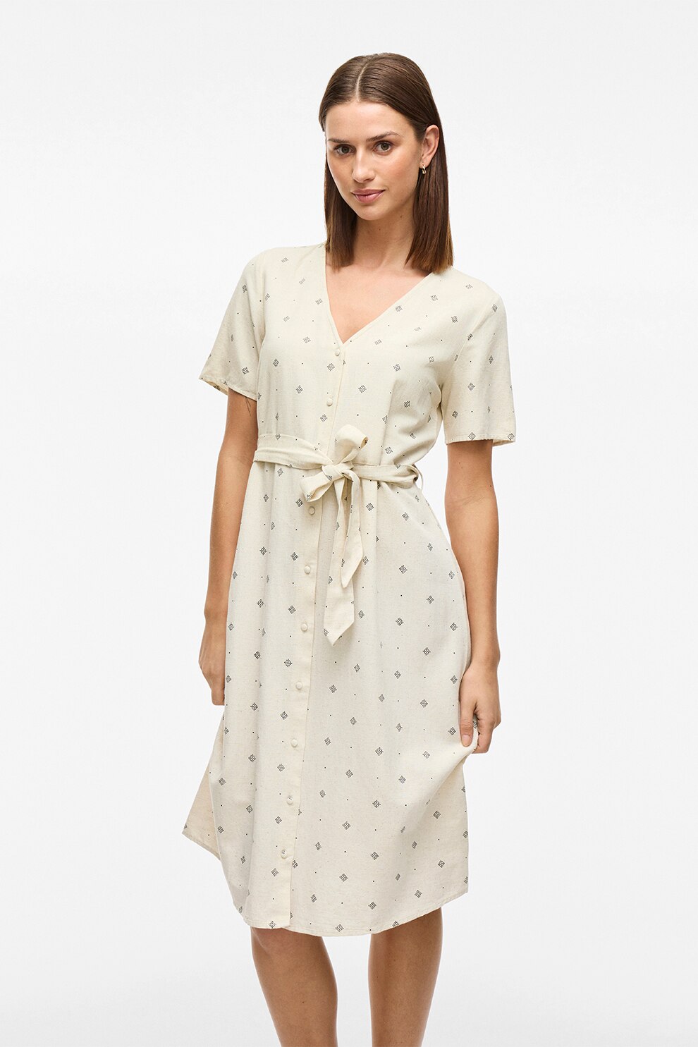 Vila, Rochie midi cu model si cordon in talie, Alb fildes, 36
