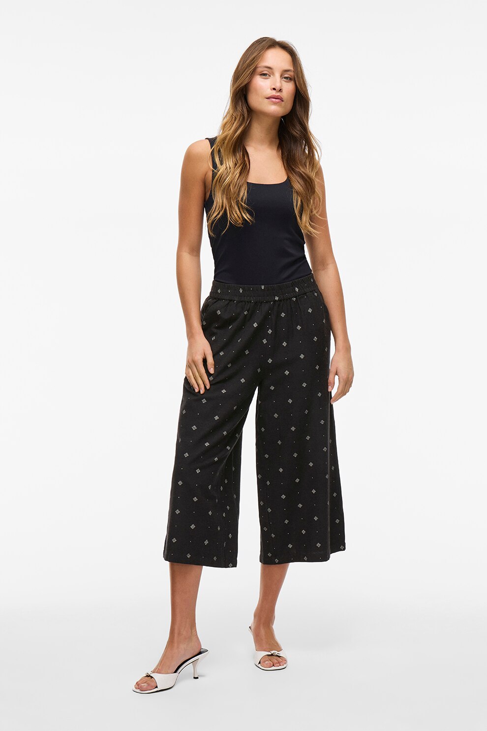 Vila, Pantaloni evazati cu model si talie elastica, Negru, 36