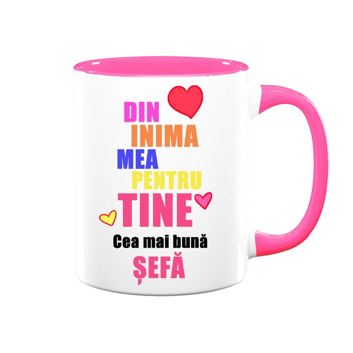 Cana personalizata pentru Sefa cu mesaj:"Din inima mea pentru tine, cea mai buna sefa", Model multicolor, Betaprint, alba cu interior roz, 330ml