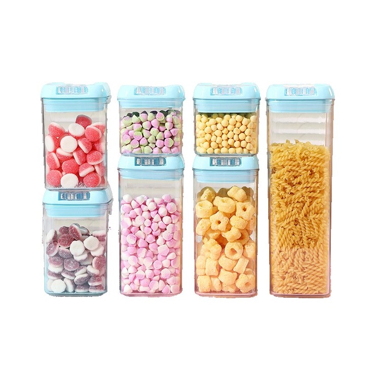 Set 7 Cutii de Depozitare Alimente, Flippy, 2 x 500ml, 2 x 800ml, 2 x 1200ml, 1 x 1900 ml, Capac Albastru, din PP+PET, Inchidere Ermetica, Transparent