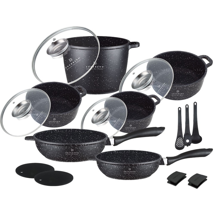 Set de 17 oale antiaderente cu capace din sticla, aluminiu turnat sub presiune EB-8182