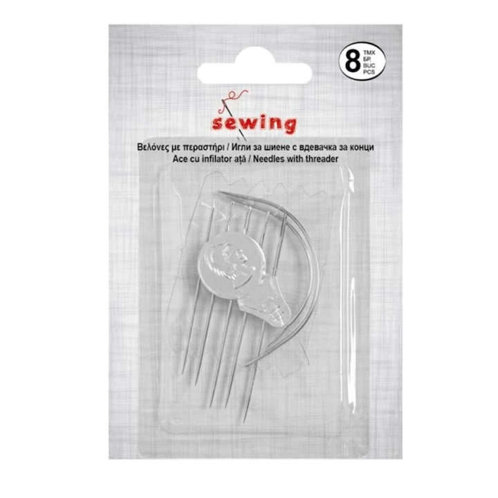 Set ace de cusut, dispozitiv de introdus ata, 2 ace curbate si 5 drepte